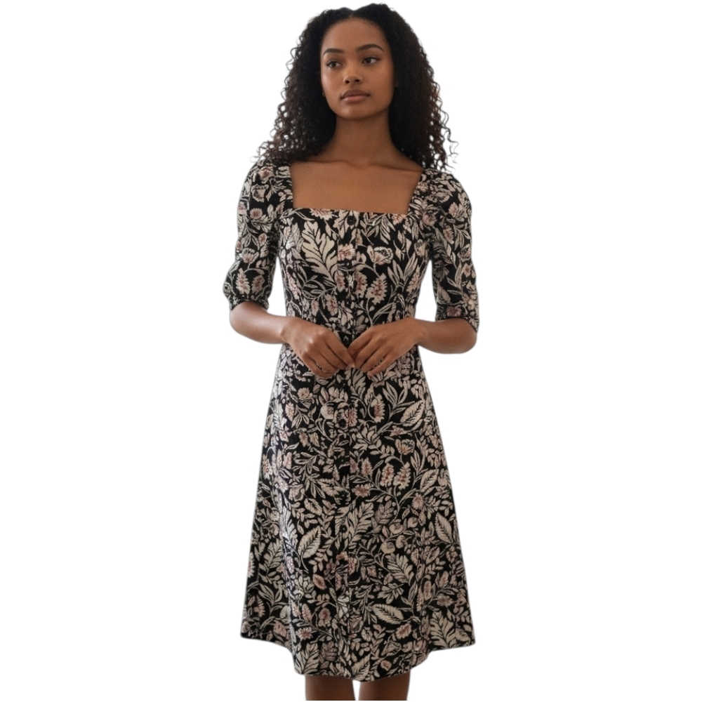 BCBGMAXAZRIA Dress Womens 0 Black White Floral Linen Blend Button Front Midi